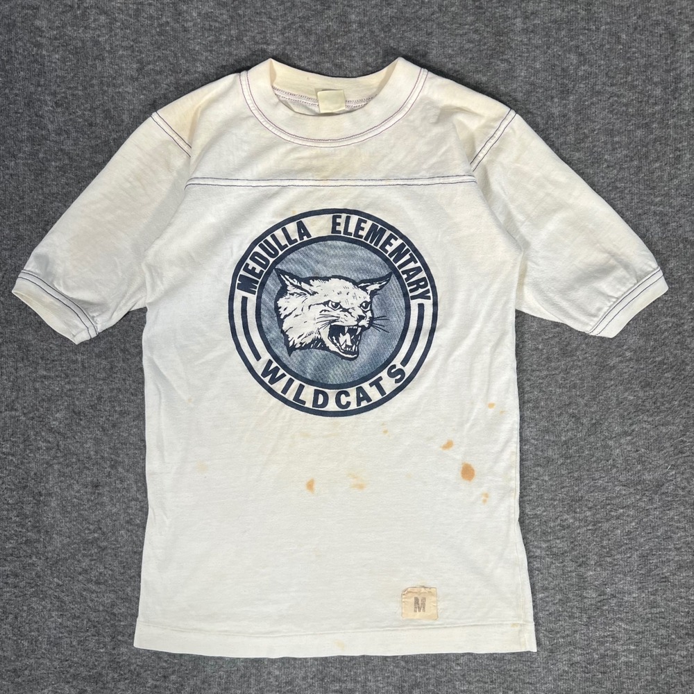 Vintage 70s Medulla Elementary Wildcats Jersey Shirt White Blue M 38-40 RN 15177